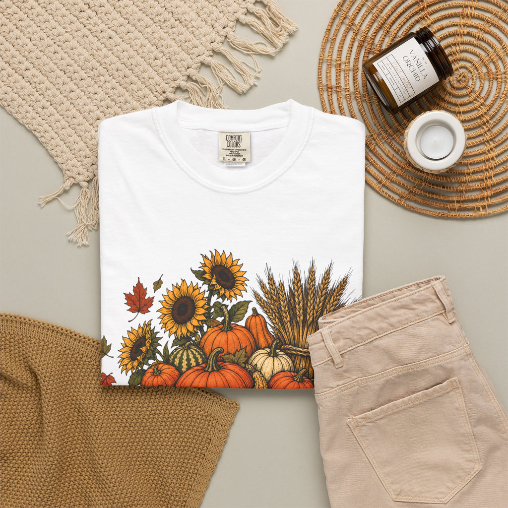 T-Shirt „Herbsternte-Wagen“ — Kürbis & Sonnenblume Herbst-T-Shirt