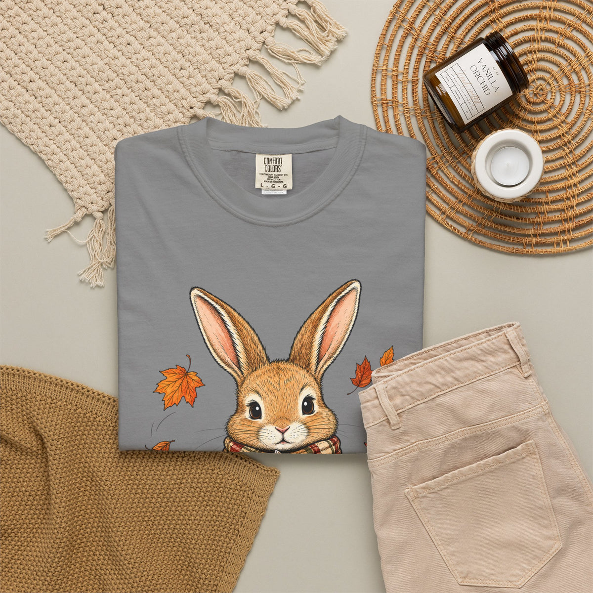 Autumn Bunny Tee — Cozy Fall Rabbit with Scarf & Hot Cocoa