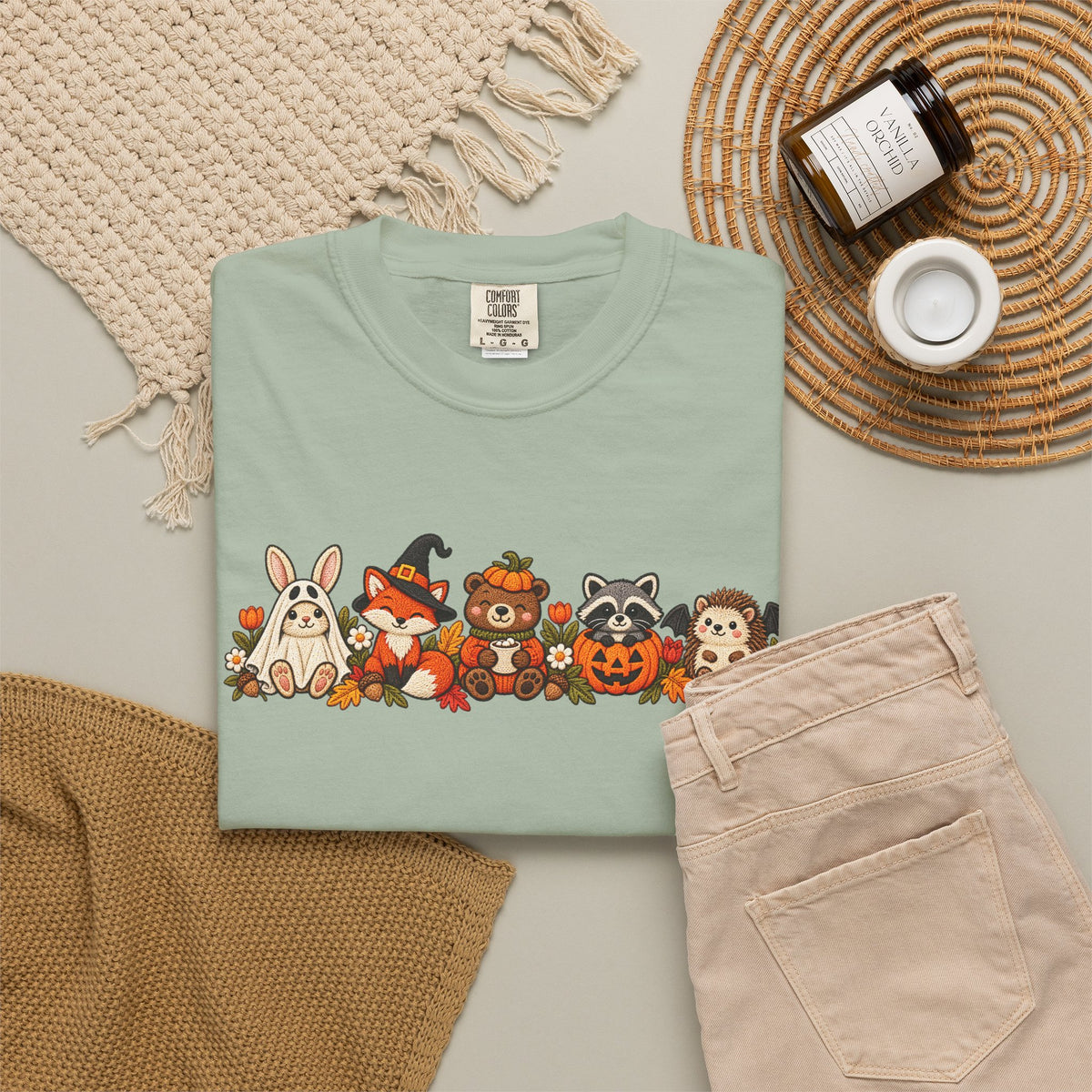 Halloween Critter Lineup T-Shirt — Cute Pumpkin, Witch & Bunny Spooky Crew