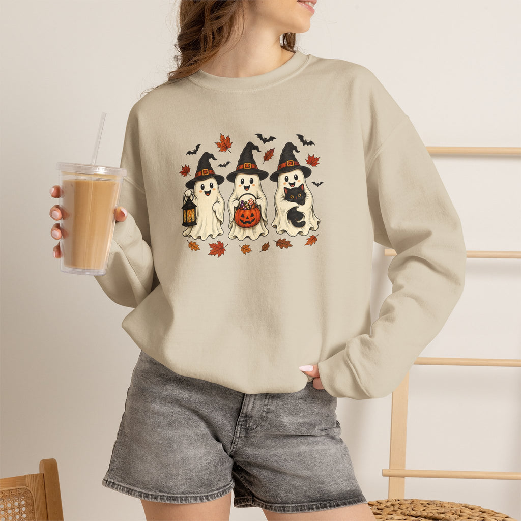 Halloween Puppy Ghosts Sweatshirt — Cute Dogs in Witch Hats with Jack-o'-Lantern