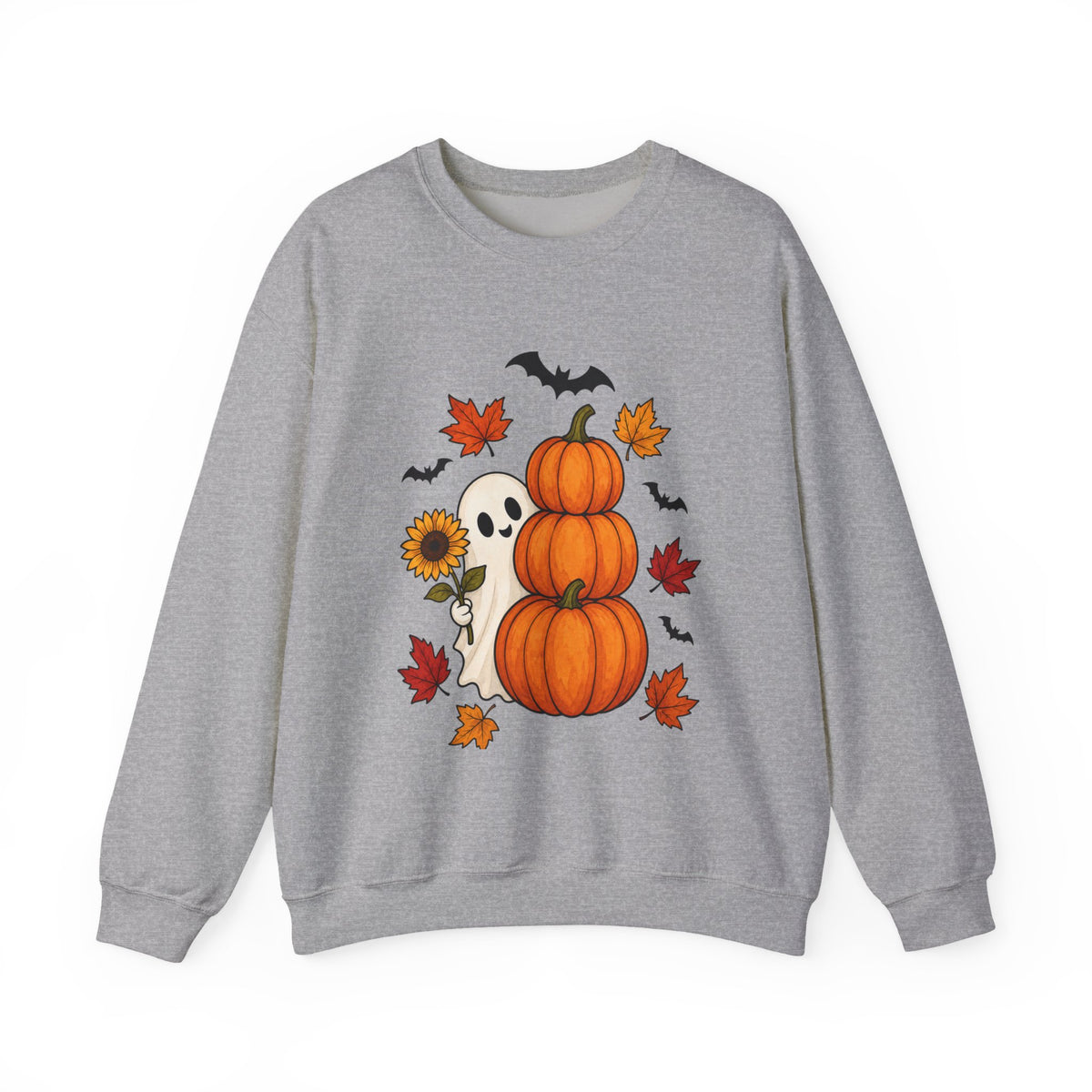 Halloween Pumpkin Stack Crewneck Sweatshirt — Ghost, Sunflower & Falling Leaves Design