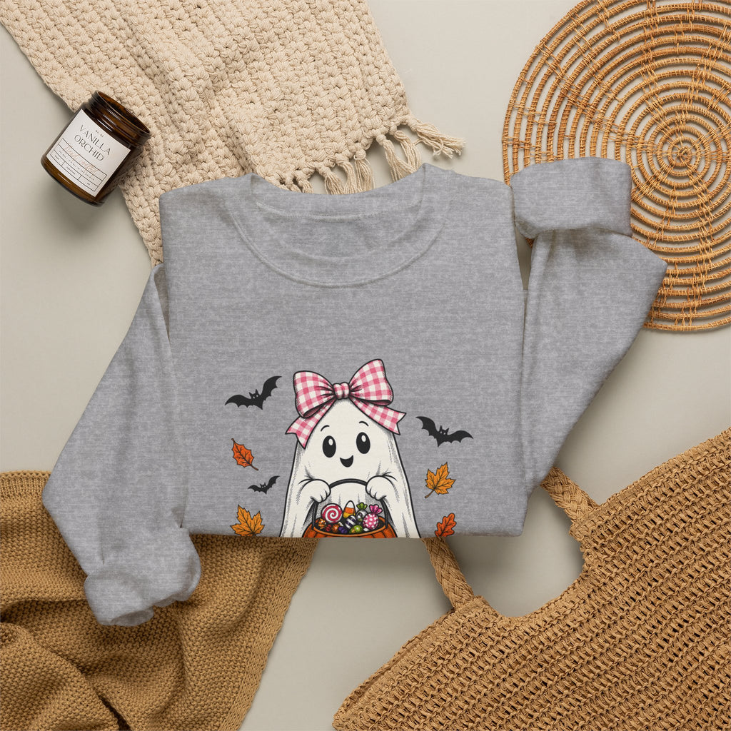 Cute Halloween Ghost Sweatshirt – Girl Ghost with Pumpkin Basket & Bats