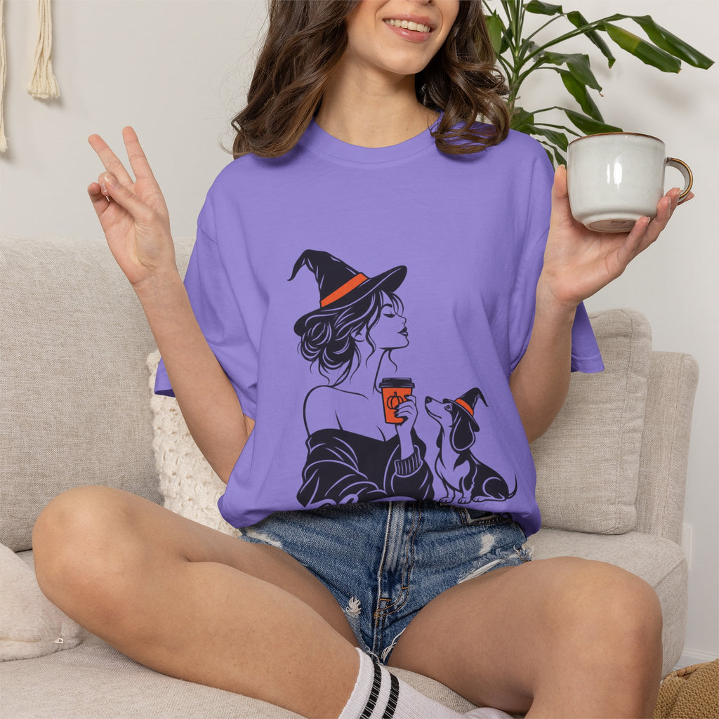 Her Human Witch Tee — Halloween Witch & Dog Graphic T-Shirt
