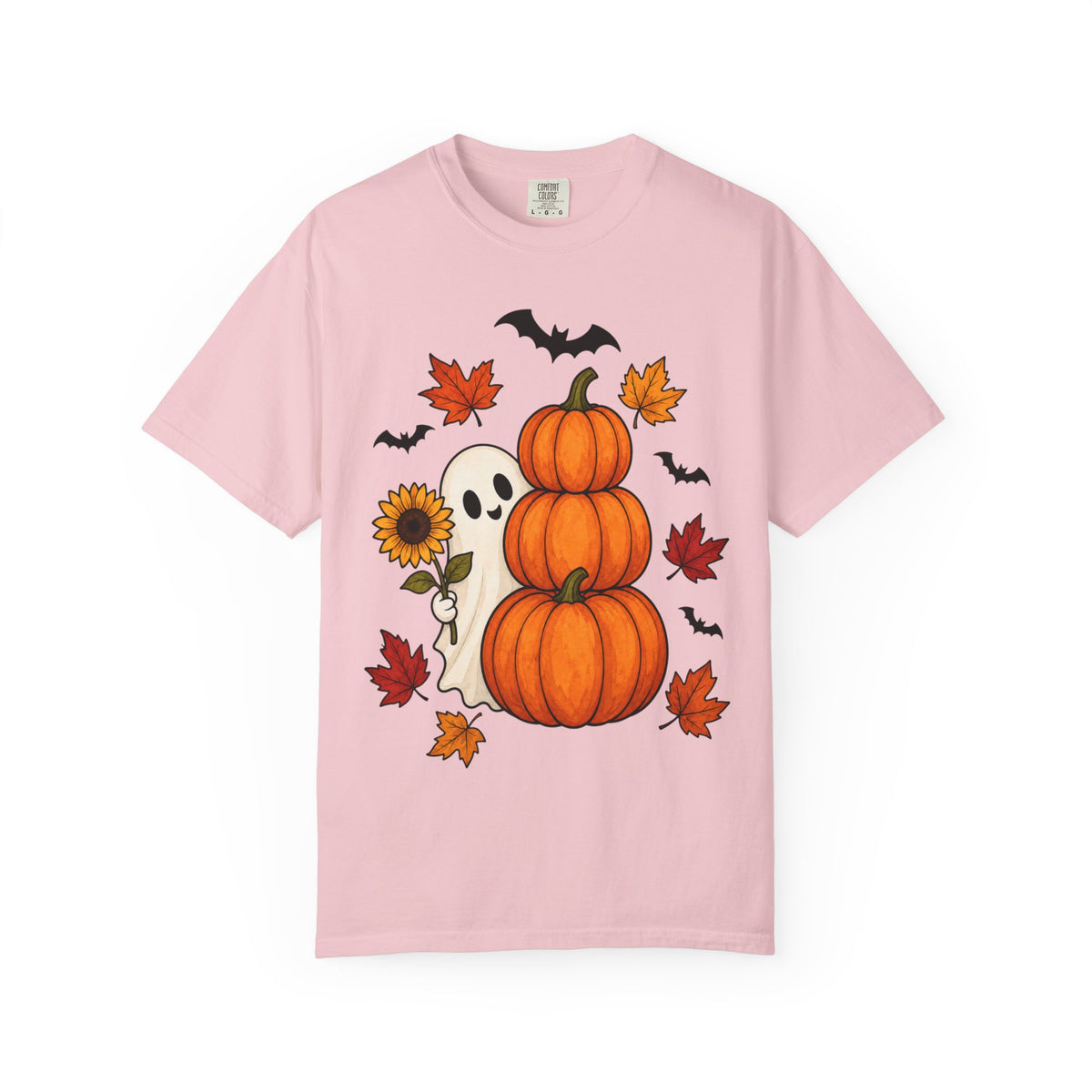Halloween Pumpkin Stack T-Shirt — Cute Ghost, Sunflower & Falling Leaves Design