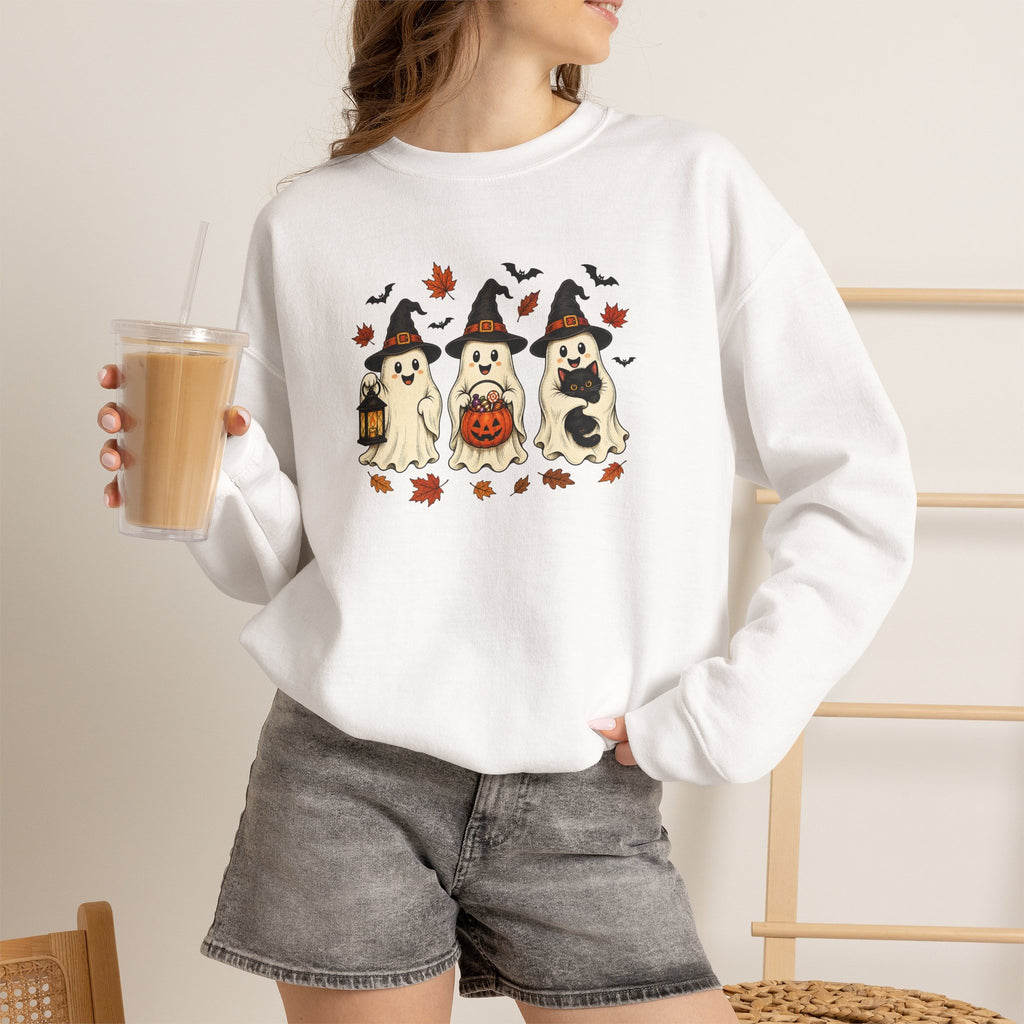 Halloween Puppy Ghosts Sweatshirt — Cute Dogs in Witch Hats with Jack-o'-Lantern