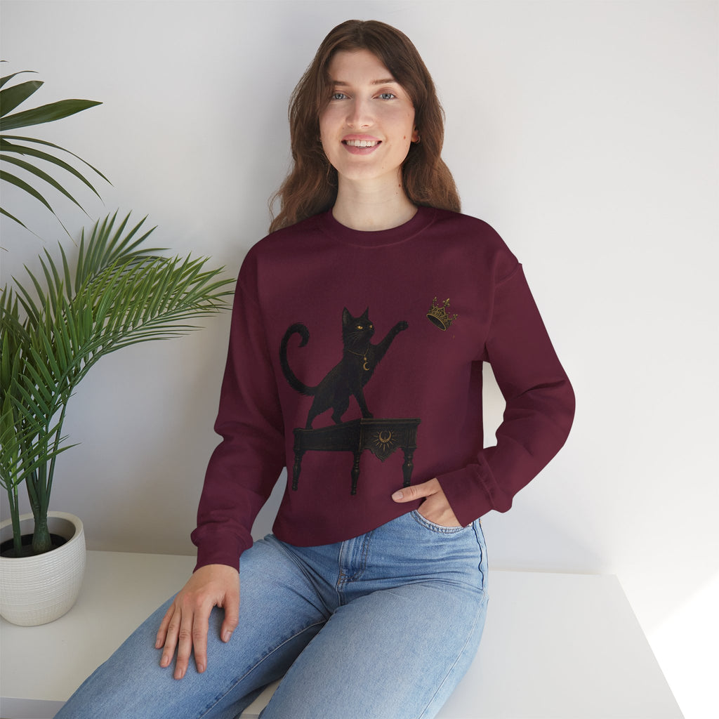 Cat with Crown Crewneck Sweatshirt — Playful Black Cat Graphic