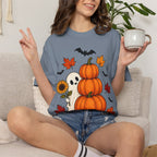 Halloween Pumpkin Stack T-Shirt — Cute Ghost, Sunflower & Falling Leaves Design