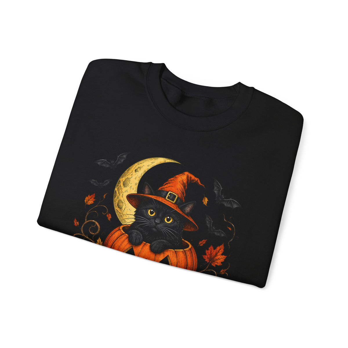 Halloween Black Cat Pumpkin Sweatshirt — Witch Hat, Moon & Bats Crewneck