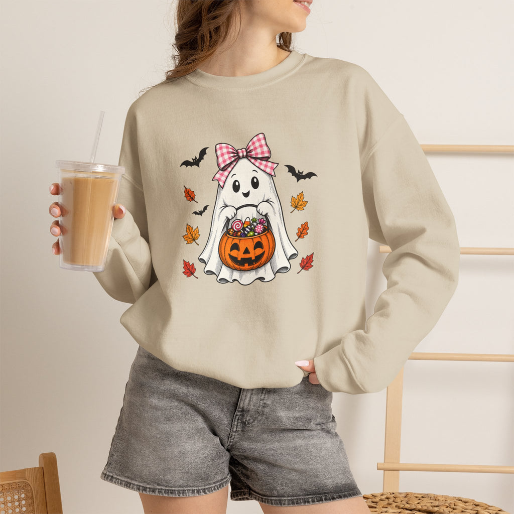 Cute Halloween Ghost Sweatshirt – Girl Ghost with Pumpkin Basket & Bats
