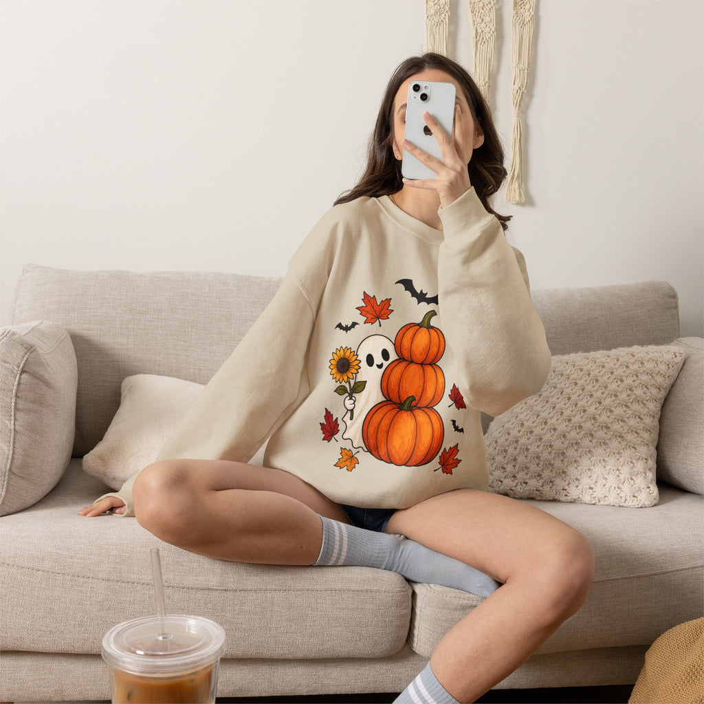 Halloween Pumpkin Stack Crewneck Sweatshirt — Ghost, Sunflower & Falling Leaves Design