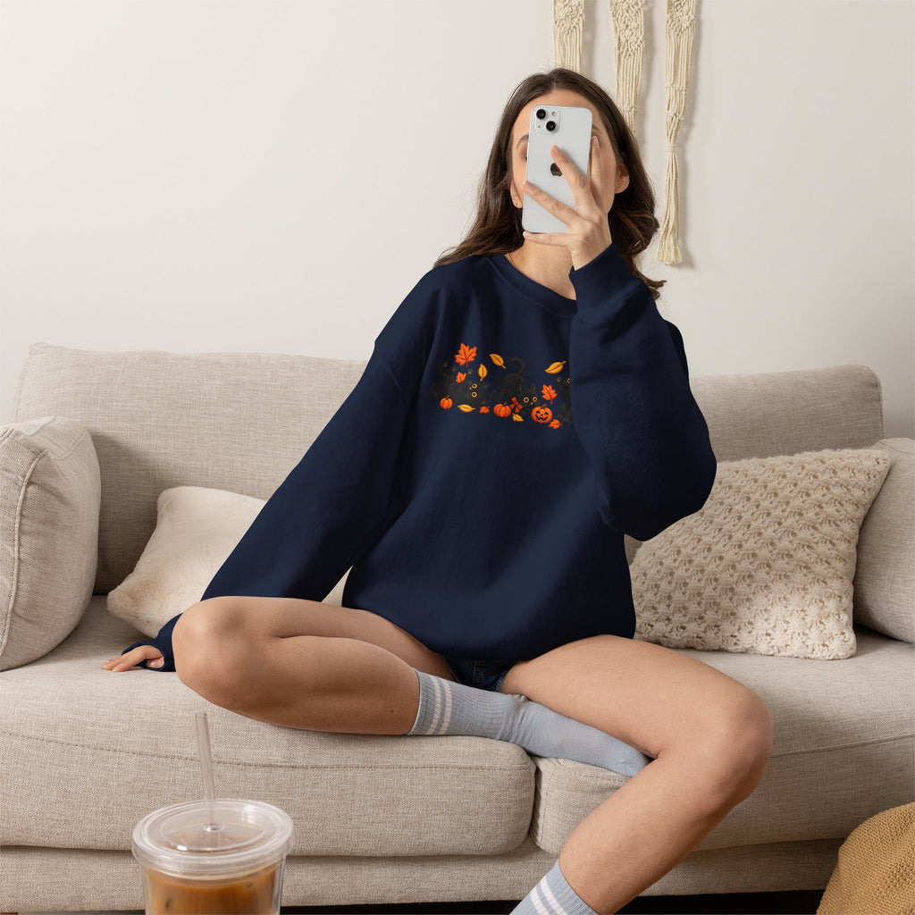Herbst-Sweatshirt mit schwarzem Katzen-Motiv