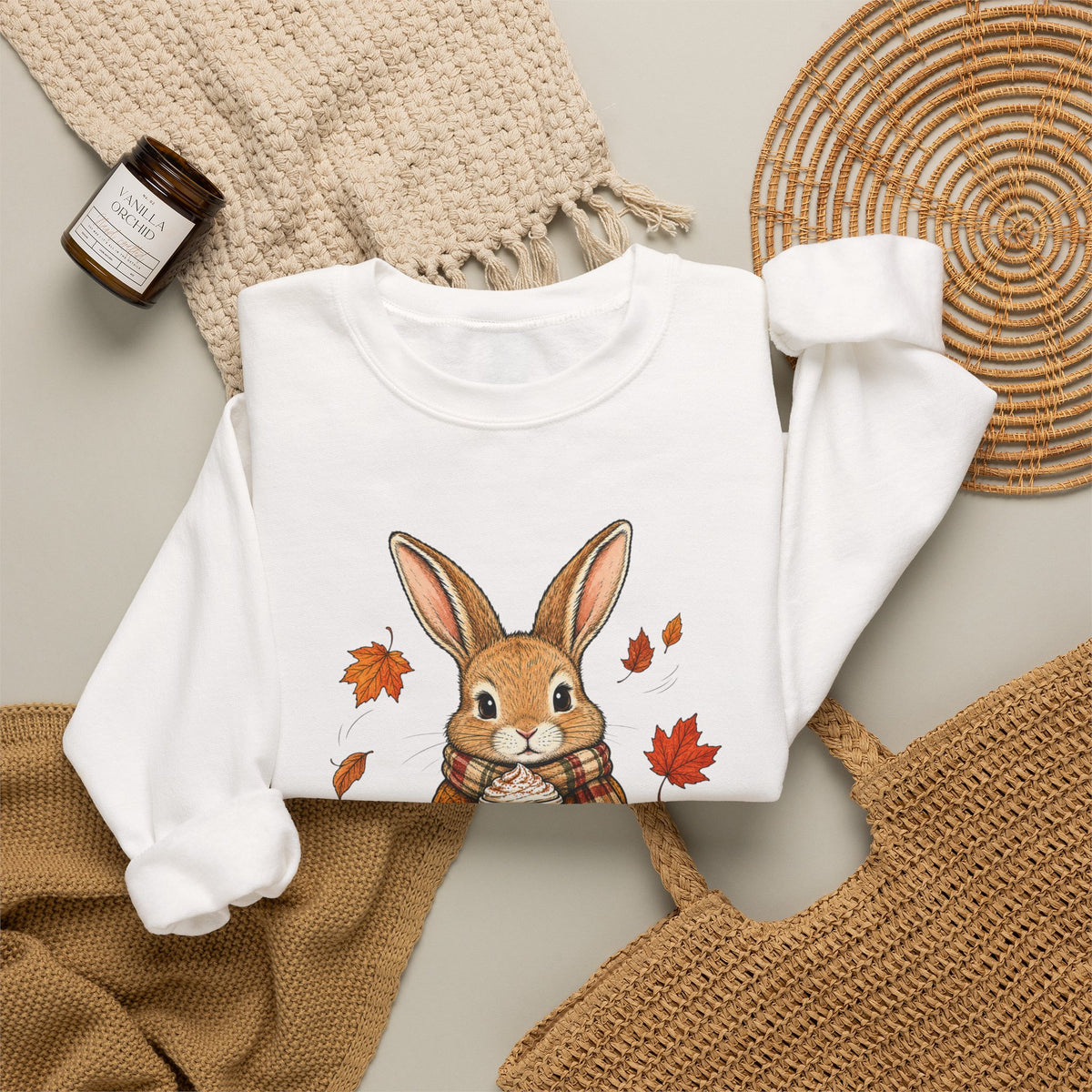 Autumn Bunny Sweatshirt – Cozy Fall Rabbit Holding Coffee