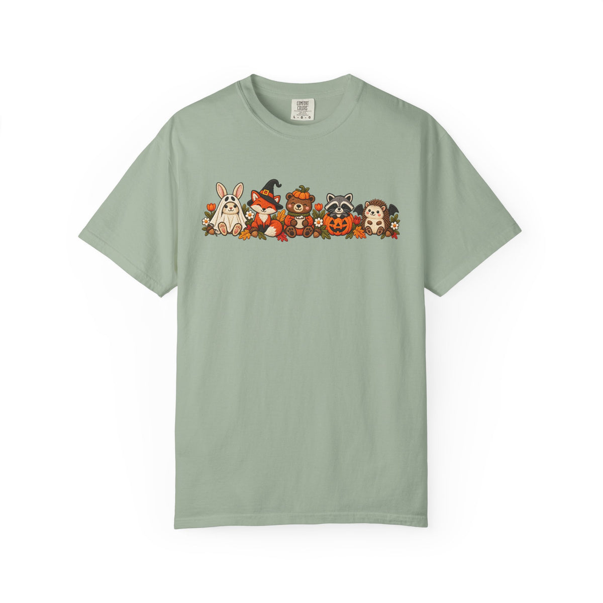 Halloween Critter Lineup T-Shirt — Cute Pumpkin, Witch & Bunny Spooky Crew