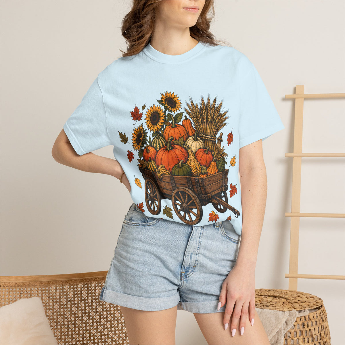T-Shirt „Herbsternte-Wagen“ — Kürbis & Sonnenblume Herbst-T-Shirt
