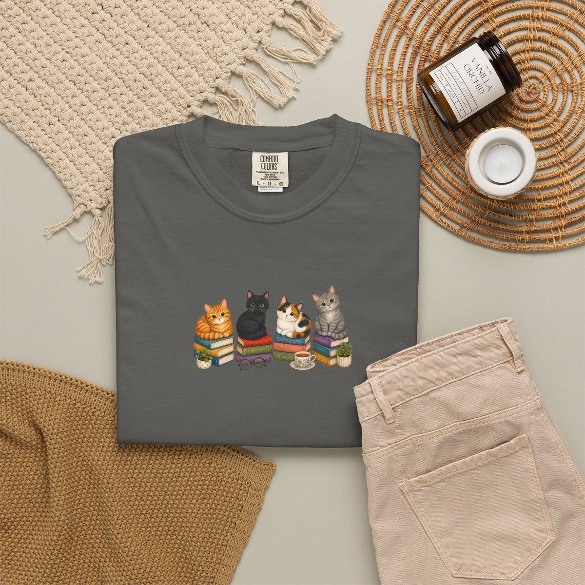 Cat Knit Crew T-Shirt — Cozy Cats Sitting Together Graphic Tee