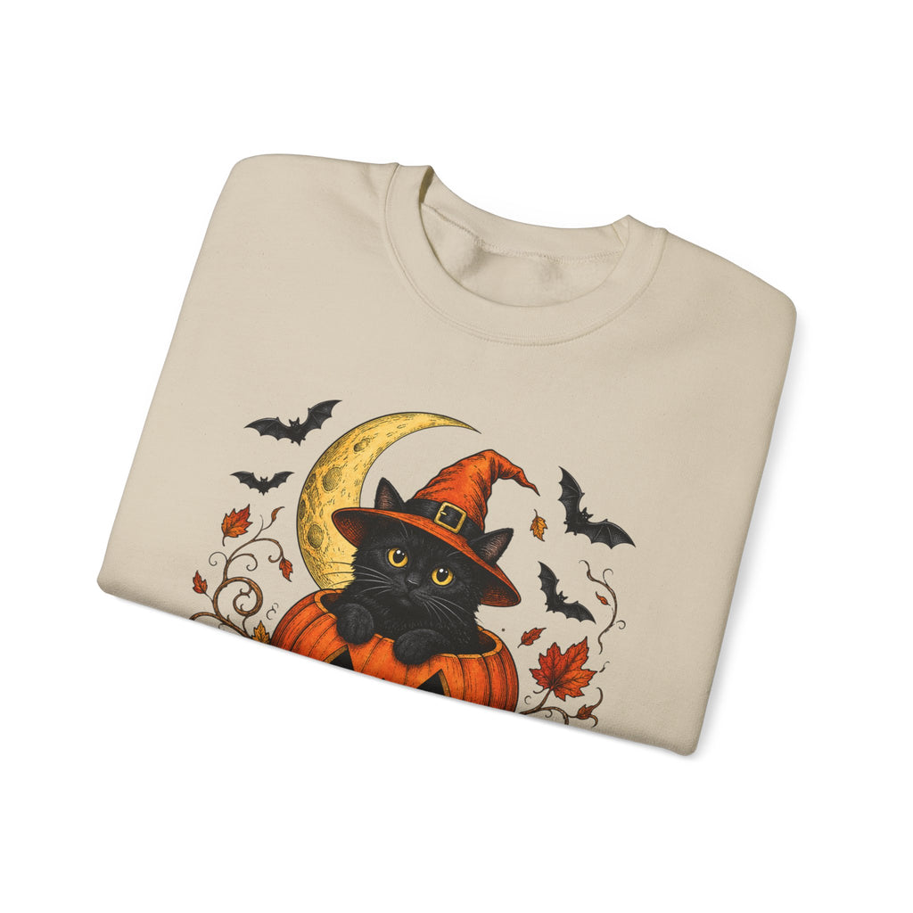 Halloween Black Cat Pumpkin Sweatshirt — Witch Hat, Moon & Bats Crewneck