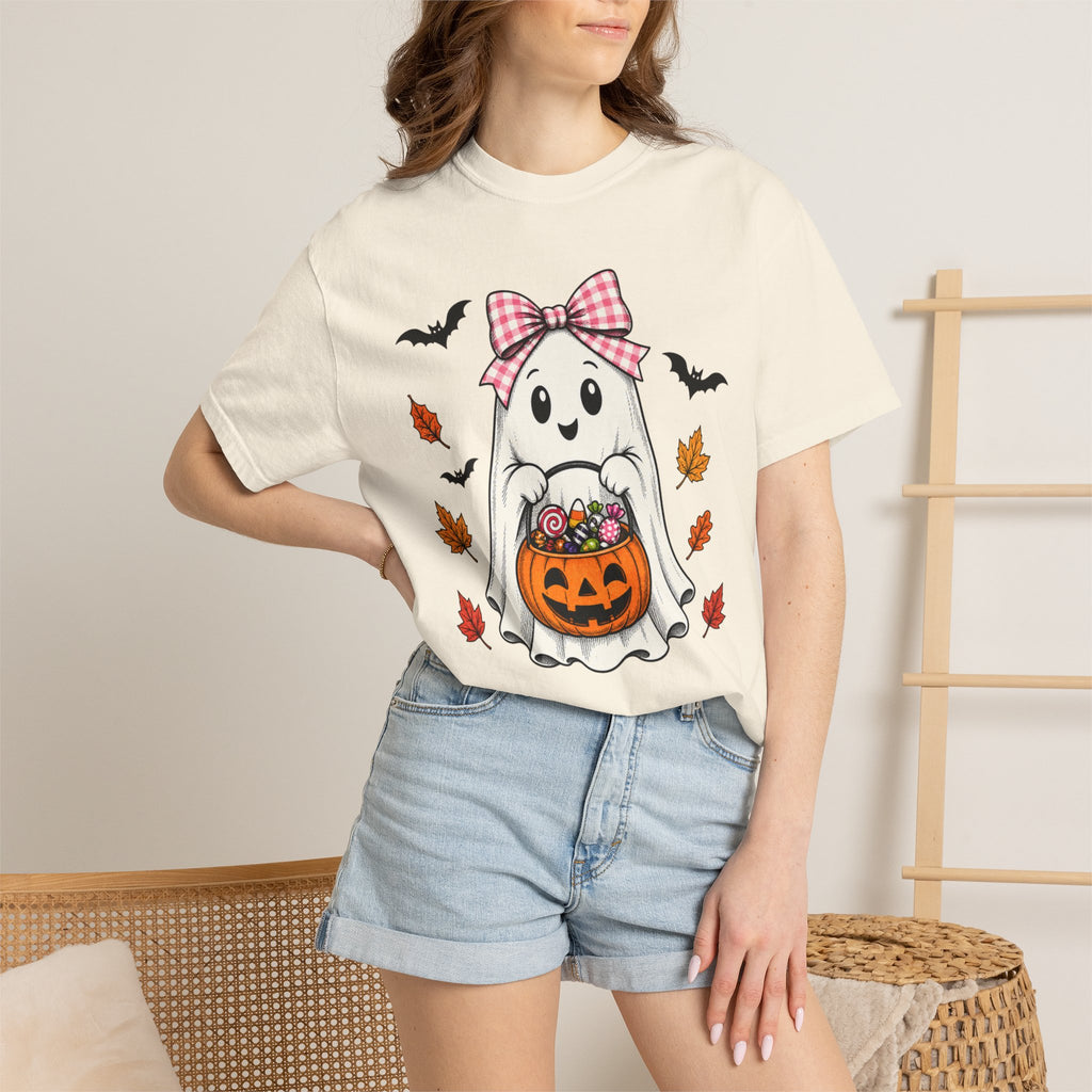 Cute Halloween Ghost T-Shirt — Trick-or-Treat Pumpkin & Bats