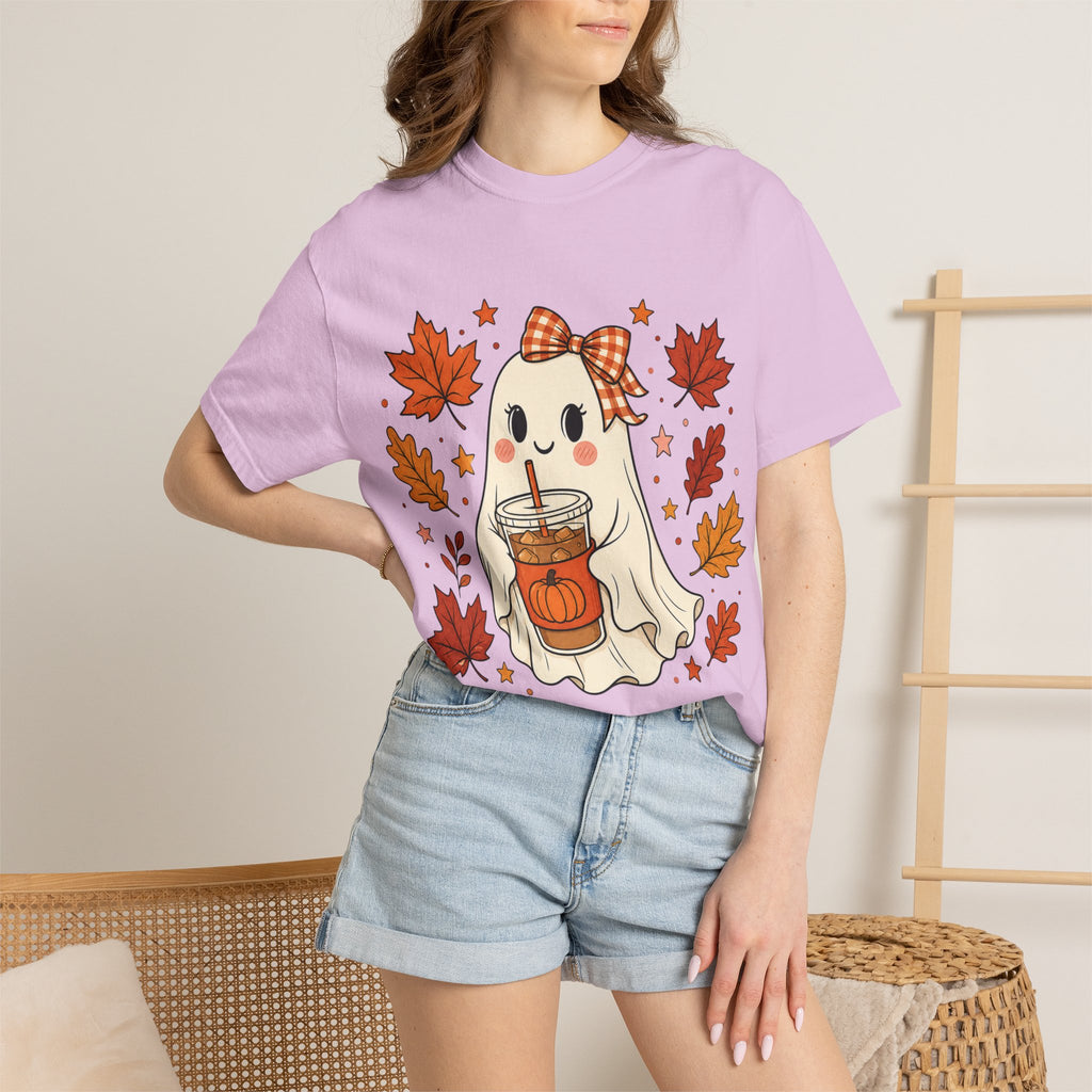 Cute Ghost Pumpkin Drink Tee — Fall Leaves Graphic T-Shirt