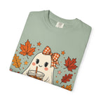 Cute Ghost Pumpkin Drink Tee — Fall Leaves Graphic T-Shirt