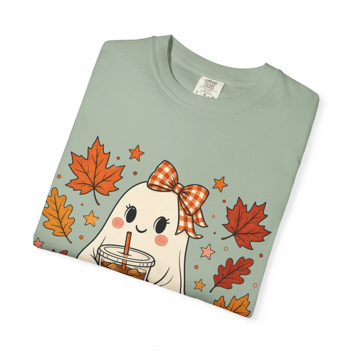 Cute Ghost Pumpkin Drink Tee — Fall Leaves Graphic T-Shirt
