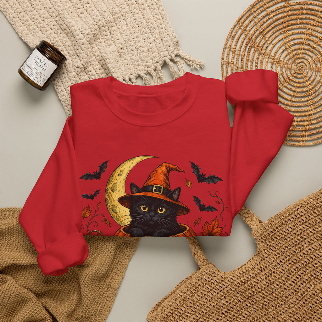 Halloween Black Cat Pumpkin Sweatshirt — Witch Hat, Moon & Bats Crewneck