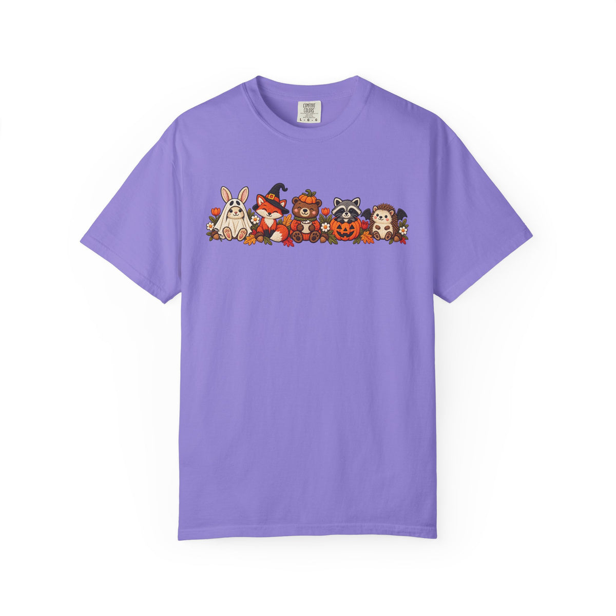 Halloween Critter Lineup T-Shirt — Cute Pumpkin, Witch & Bunny Spooky Crew