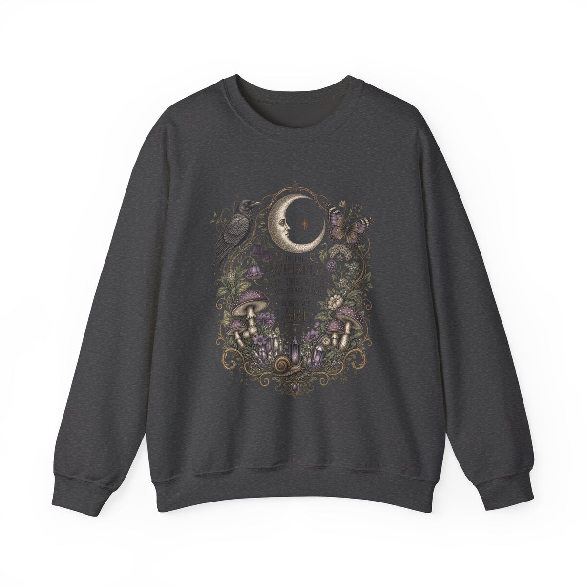 Mystic Moon & Mushroom Crewneck Sweatshirt — "Whisper to the Wild" Nature Graphic