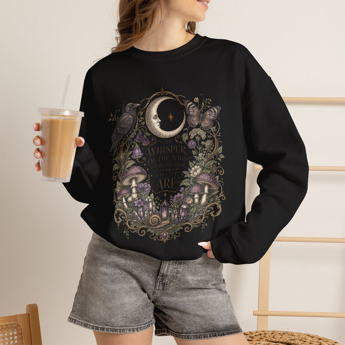 Mystic Moon & Mushroom Crewneck Sweatshirt — "Whisper to the Wild" Nature Graphic
