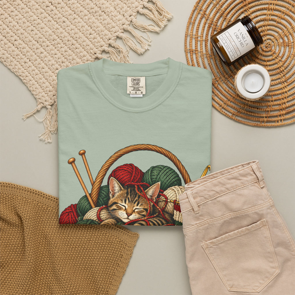 Cat in Yarn Basket T‑Shirt — Cozy Holiday Knitting Cat Tee