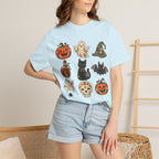 Halloween-Icons T-Shirt — Niedliches Retro-T-Shirt mit Kürbissen, Geist, Katze & Totenkopf
