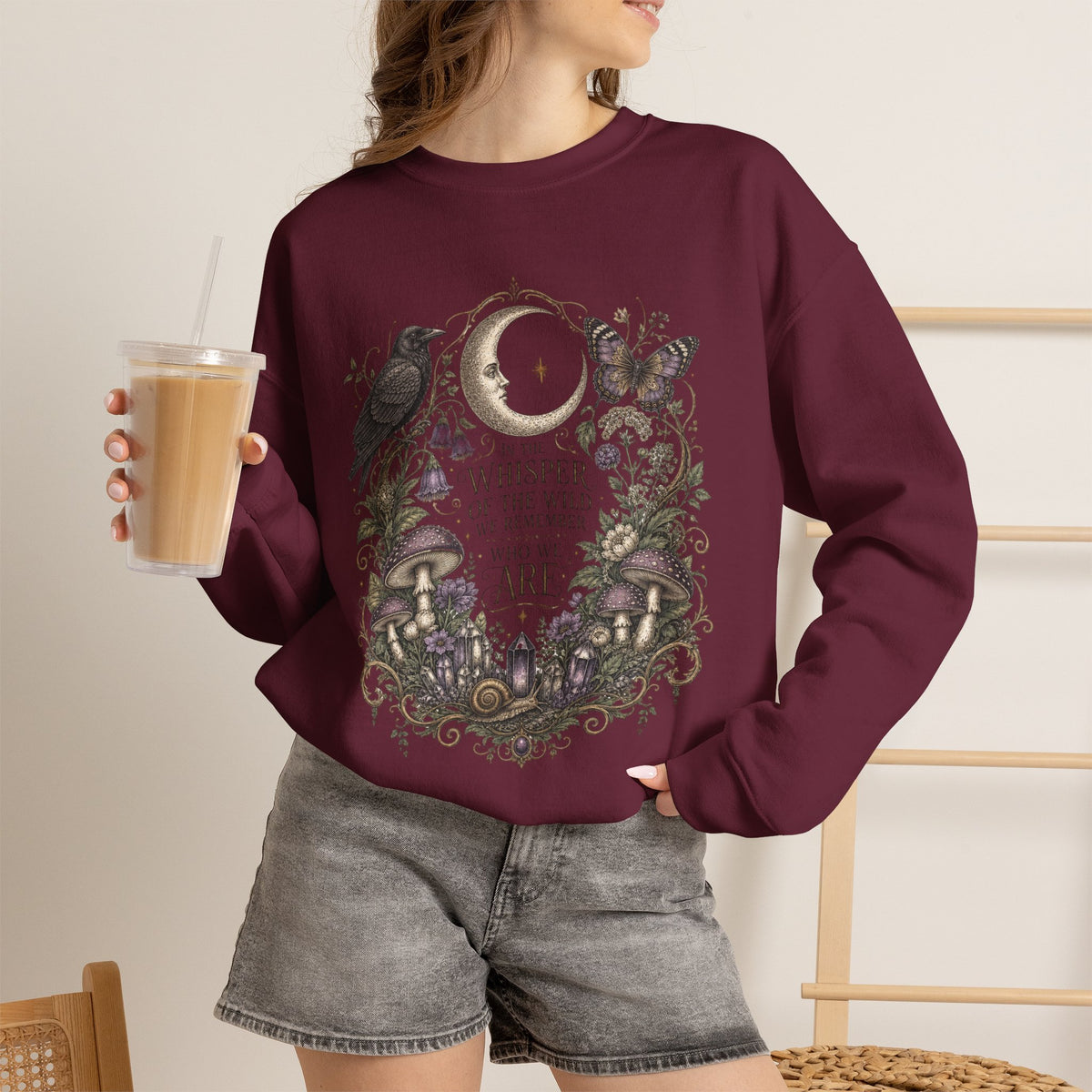 Mystic Moon & Mushroom Crewneck Sweatshirt — "Whisper to the Wild" Nature Graphic
