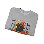 Halloween Black Cat Pumpkin Sweatshirt — Witch Hat, Moon & Bats Crewneck