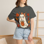 Cute Ghost Pumpkin Drink Tee — Fall Leaves Graphic T-Shirt