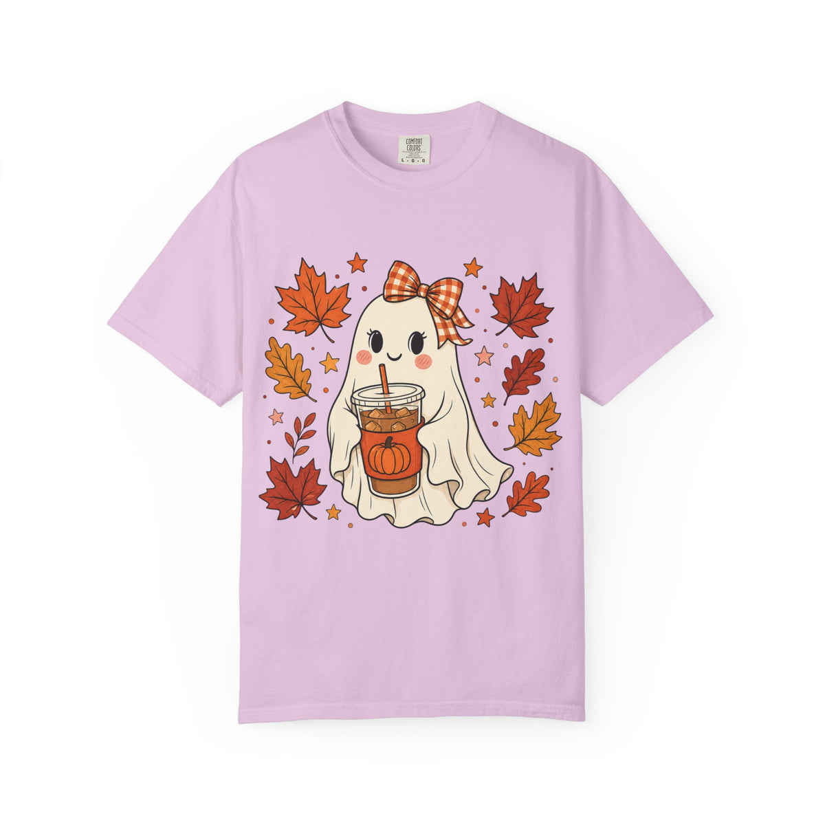 Cute Ghost Pumpkin Drink Tee — Fall Leaves Graphic T-Shirt
