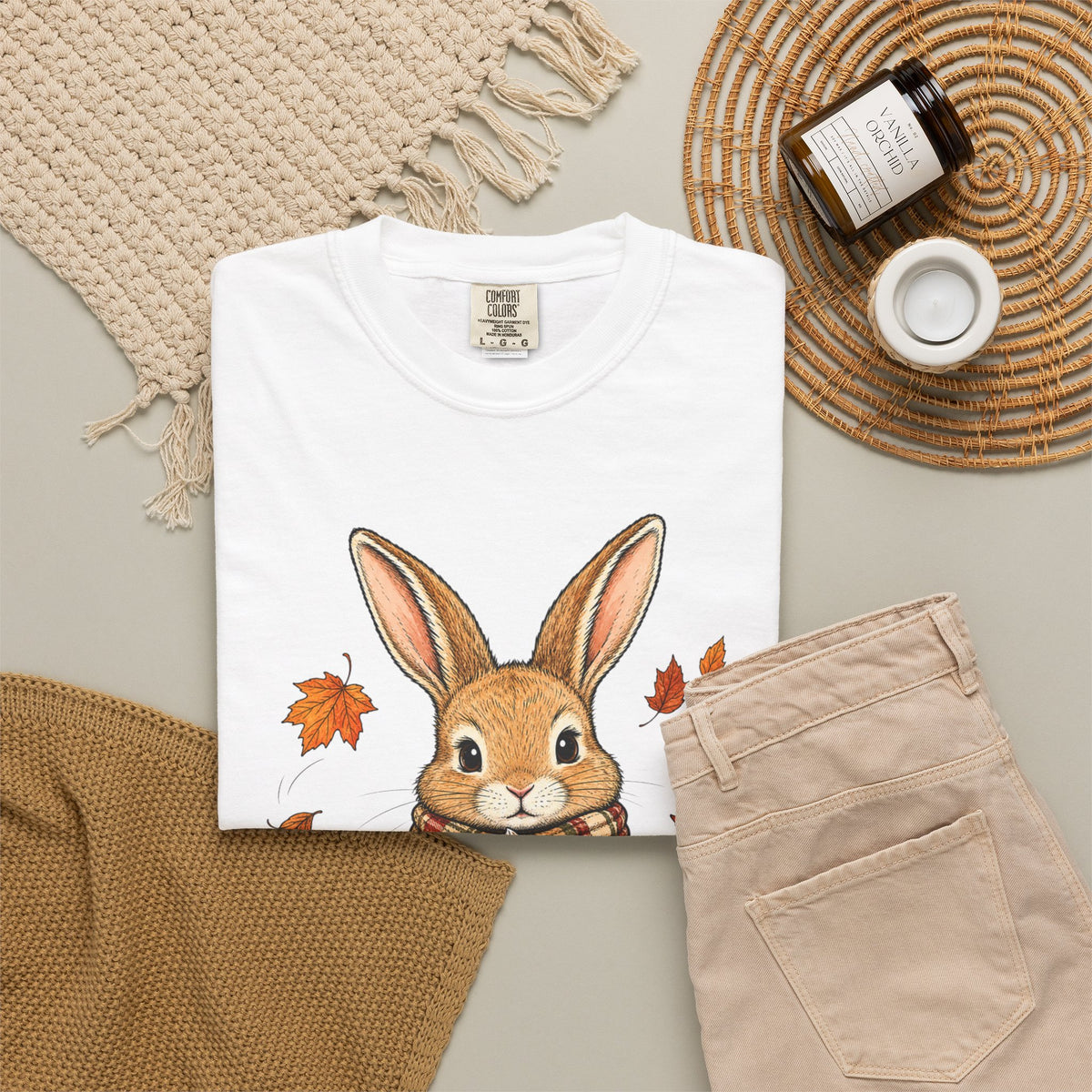 Autumn Bunny Tee — Cozy Fall Rabbit with Scarf & Hot Cocoa