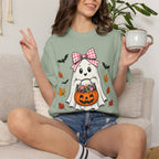 Cute Halloween Ghost T-Shirt — Trick-or-Treat Pumpkin & Bats