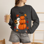 Halloween Pumpkin Stack Crewneck Sweatshirt — Ghost, Sunflower & Falling Leaves Design