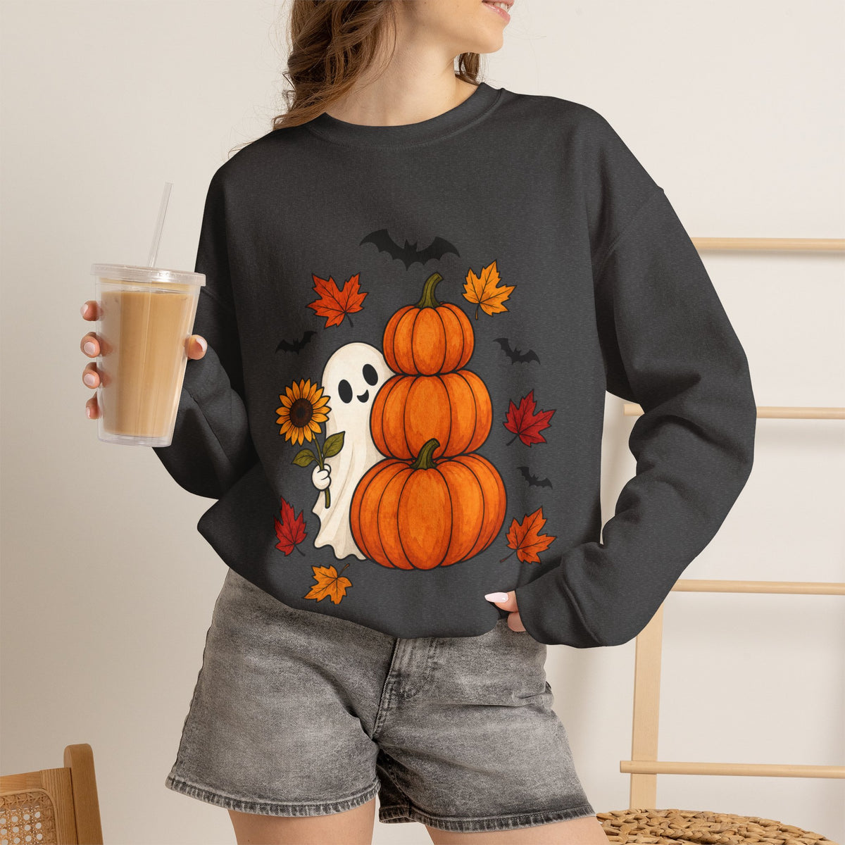 Halloween Pumpkin Stack Crewneck Sweatshirt — Ghost, Sunflower & Falling Leaves Design