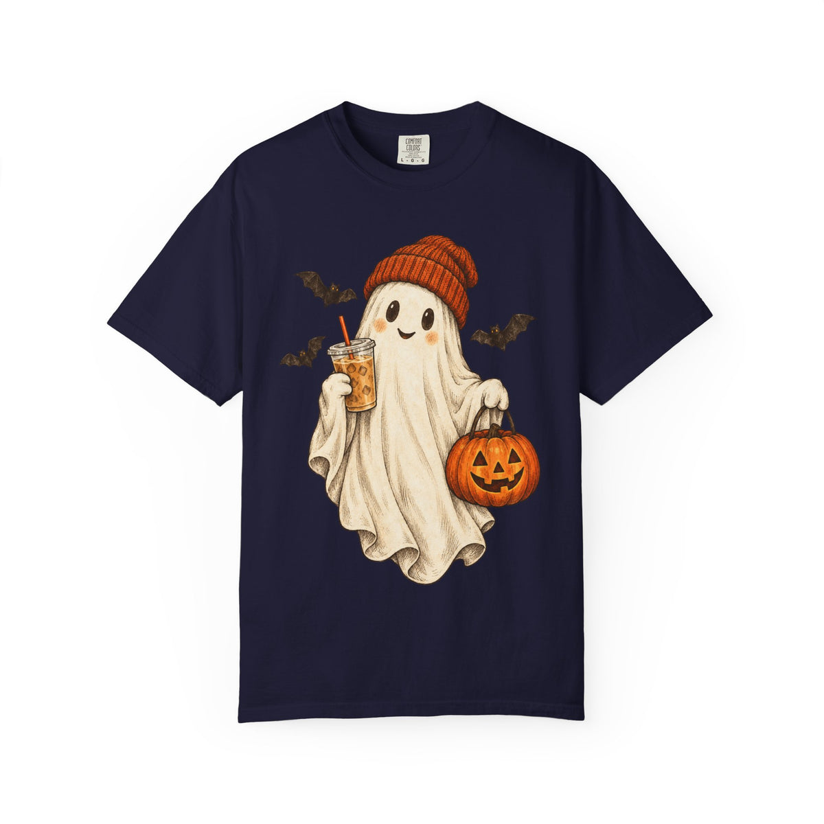 Halloween Ghost T-Shirt — Cute Ghost with Pumpkin & Coffee Graphic