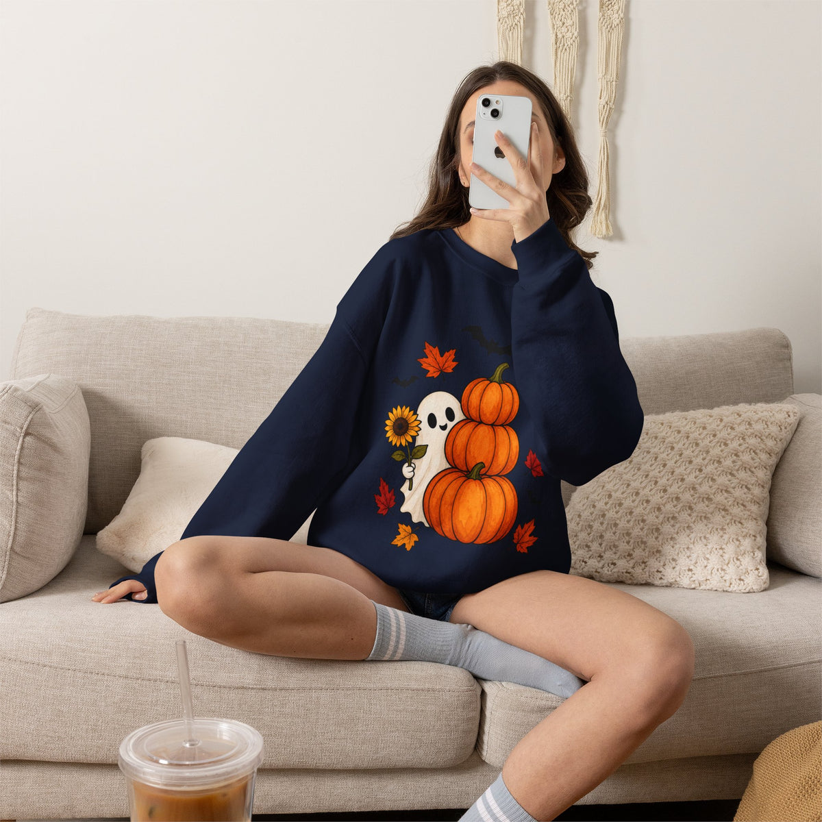 Halloween Pumpkin Stack Crewneck Sweatshirt — Ghost, Sunflower & Falling Leaves Design