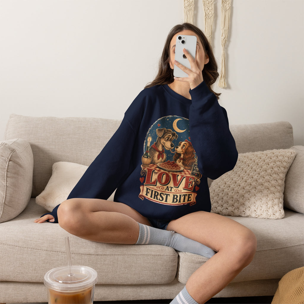Love at First Bite Sweatshirt — Cute Dog & Pizza Cozy Crewneck