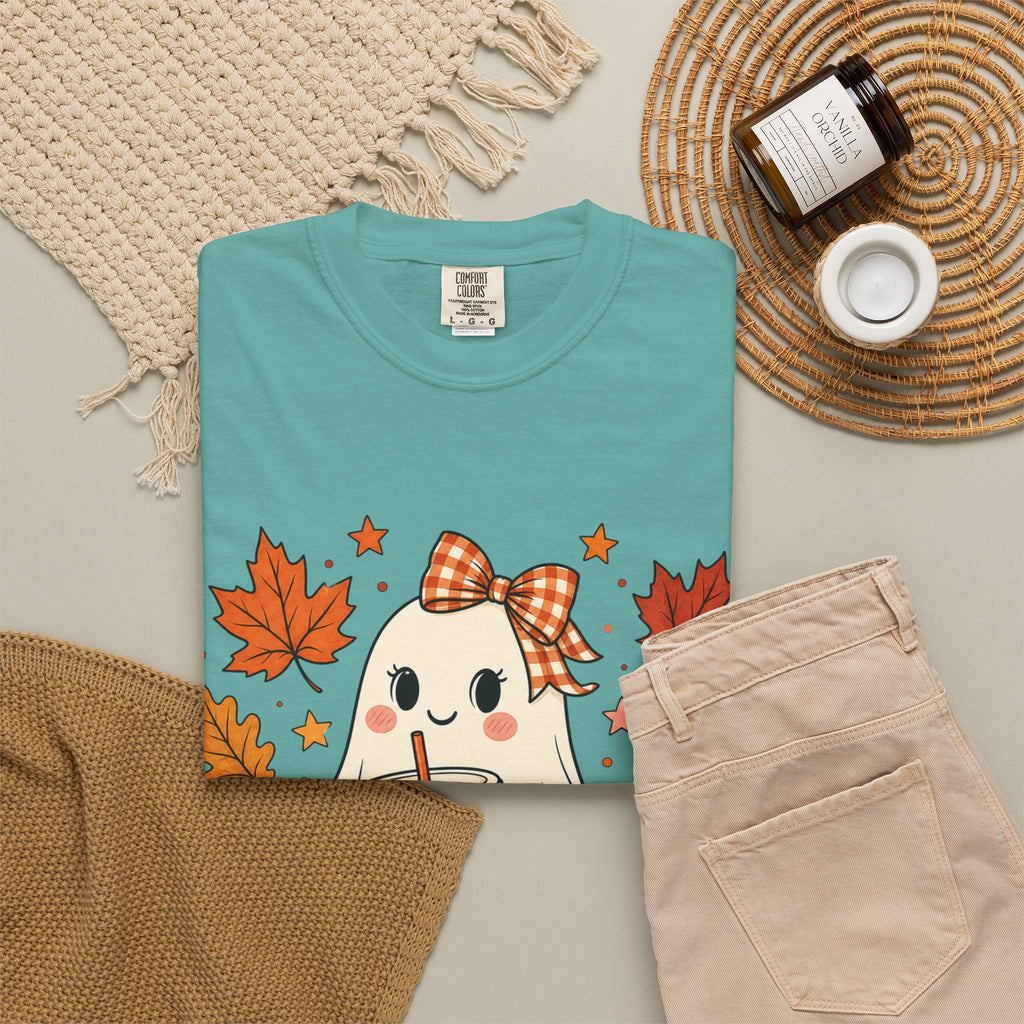 Cute Ghost Pumpkin Drink Tee — Fall Leaves Graphic T-Shirt