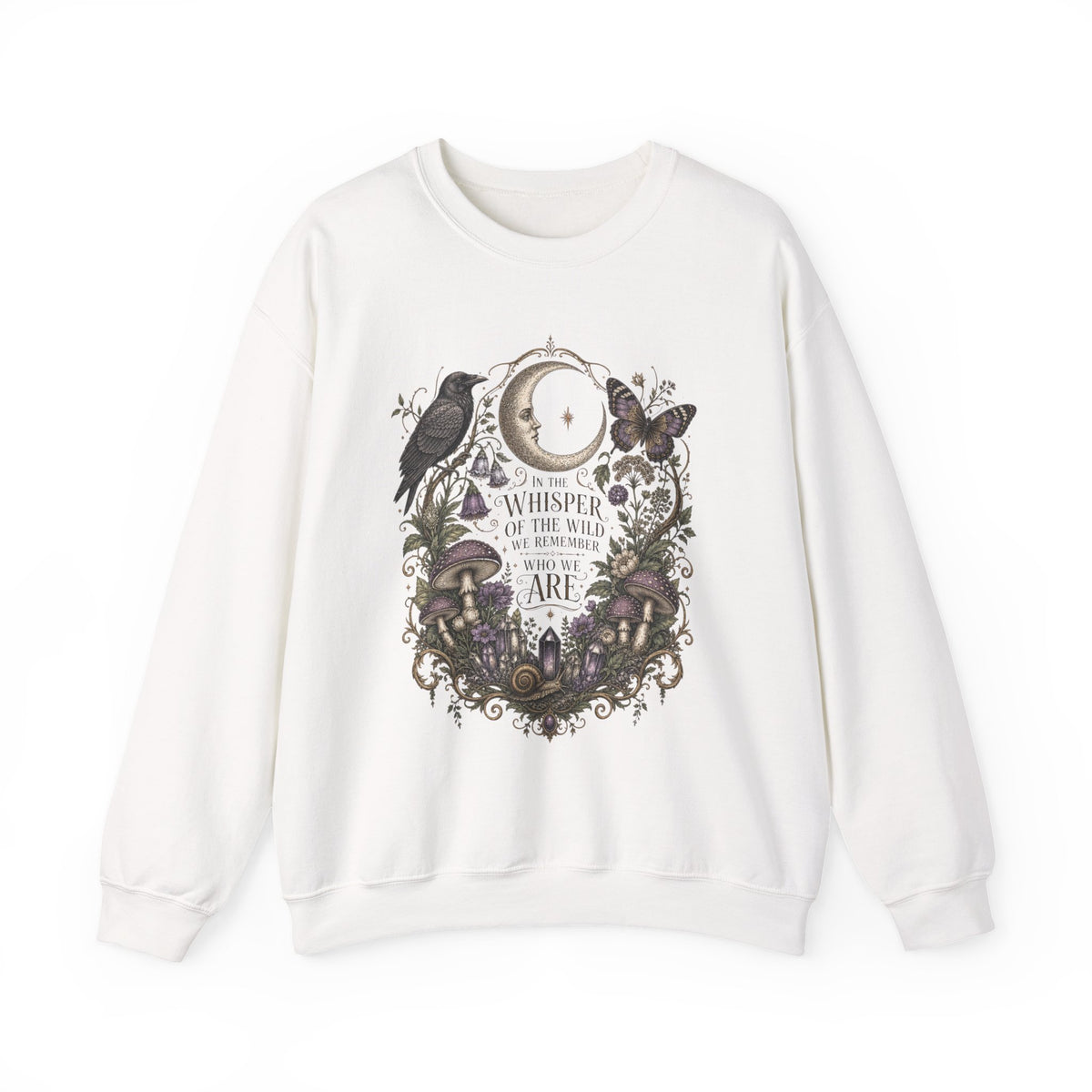 Mystic Moon & Mushroom Crewneck Sweatshirt — "Whisper to the Wild" Nature Graphic