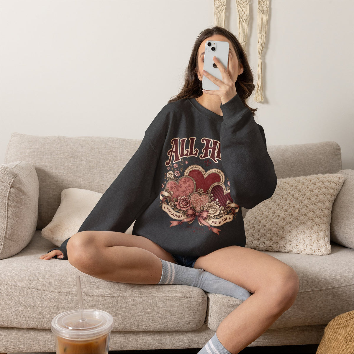 Vintage-Sweatshirt mit Rundhalsausschnitt zum Valentinstag – „All Heart“ romantisches Motiv