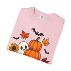 Halloween Pumpkin Stack T-Shirt — Cute Ghost, Sunflower & Falling Leaves Design