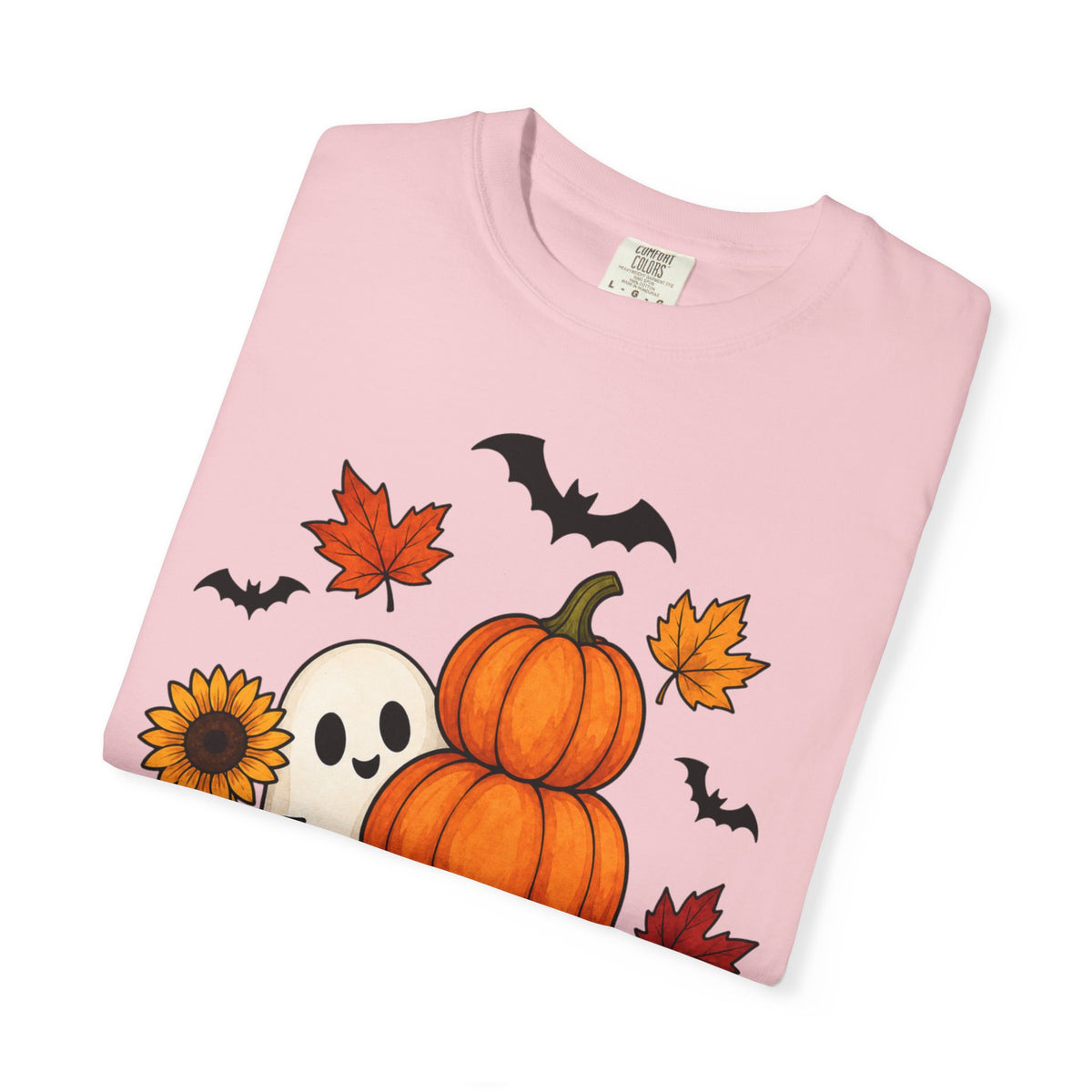 Halloween Pumpkin Stack T-Shirt — Cute Ghost, Sunflower & Falling Leaves Design
