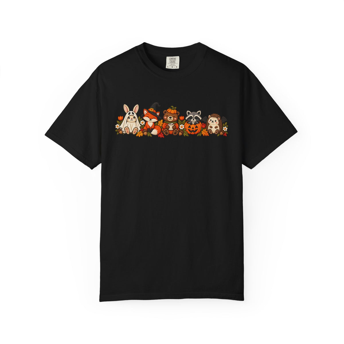 Halloween Critter Lineup T-Shirt — Cute Pumpkin, Witch & Bunny Spooky Crew