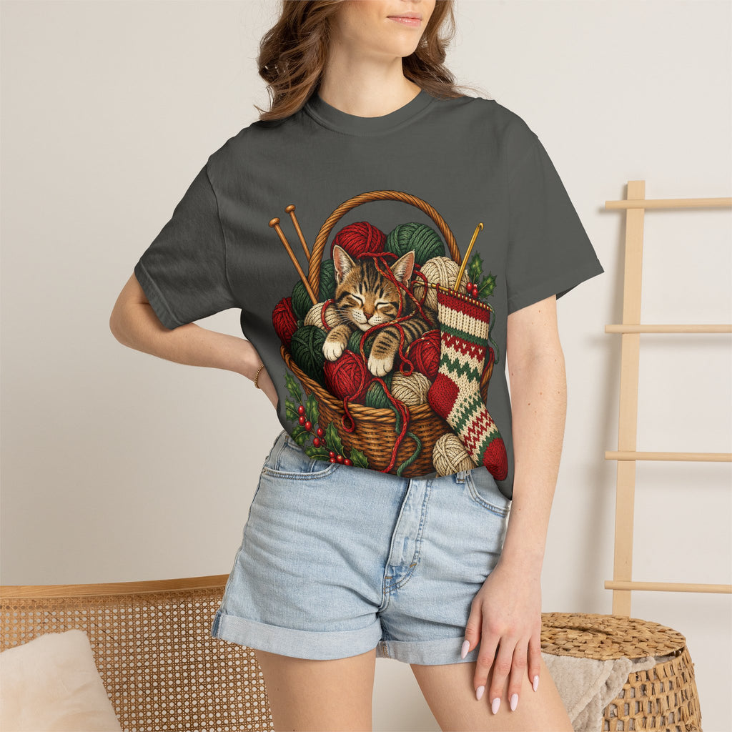Cat in Yarn Basket T‑Shirt — Cozy Holiday Knitting Cat Tee