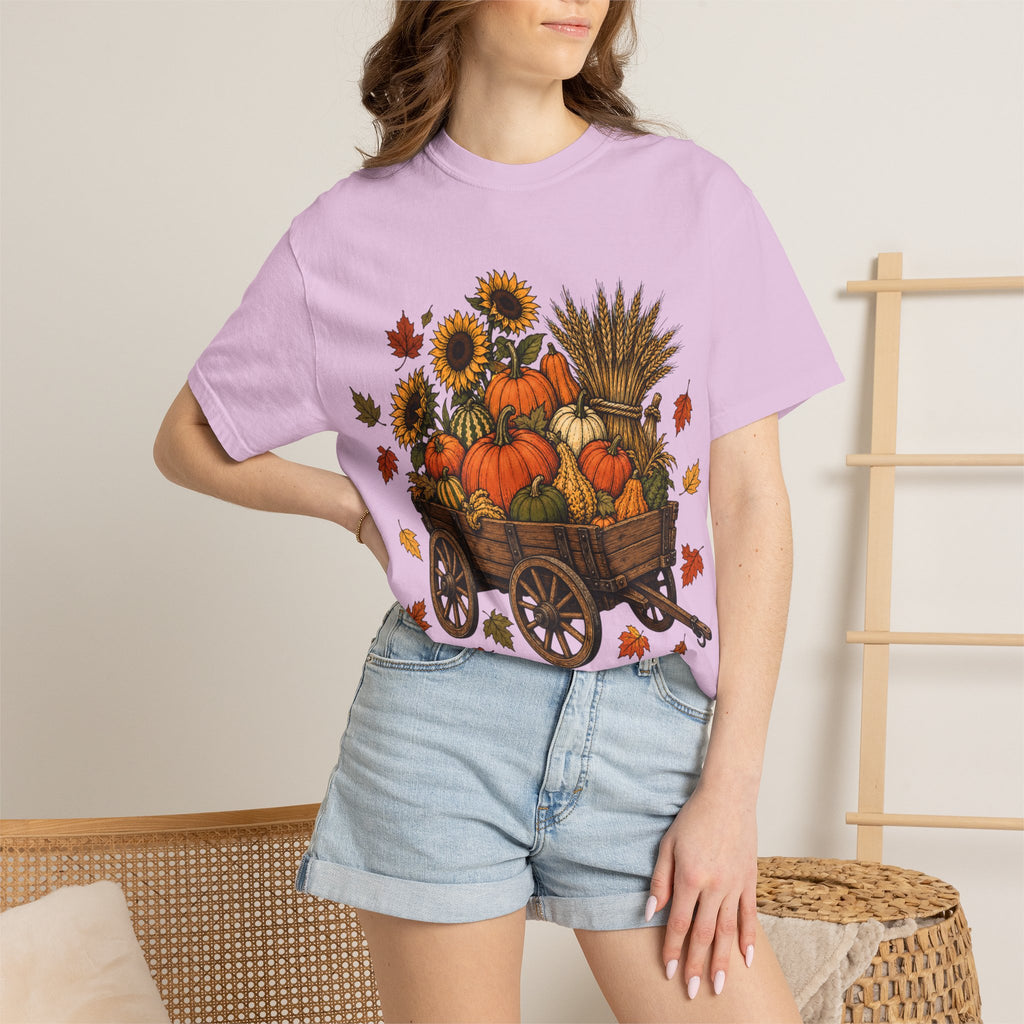 T-Shirt „Herbsternte-Wagen“ — Kürbis & Sonnenblume Herbst-T-Shirt