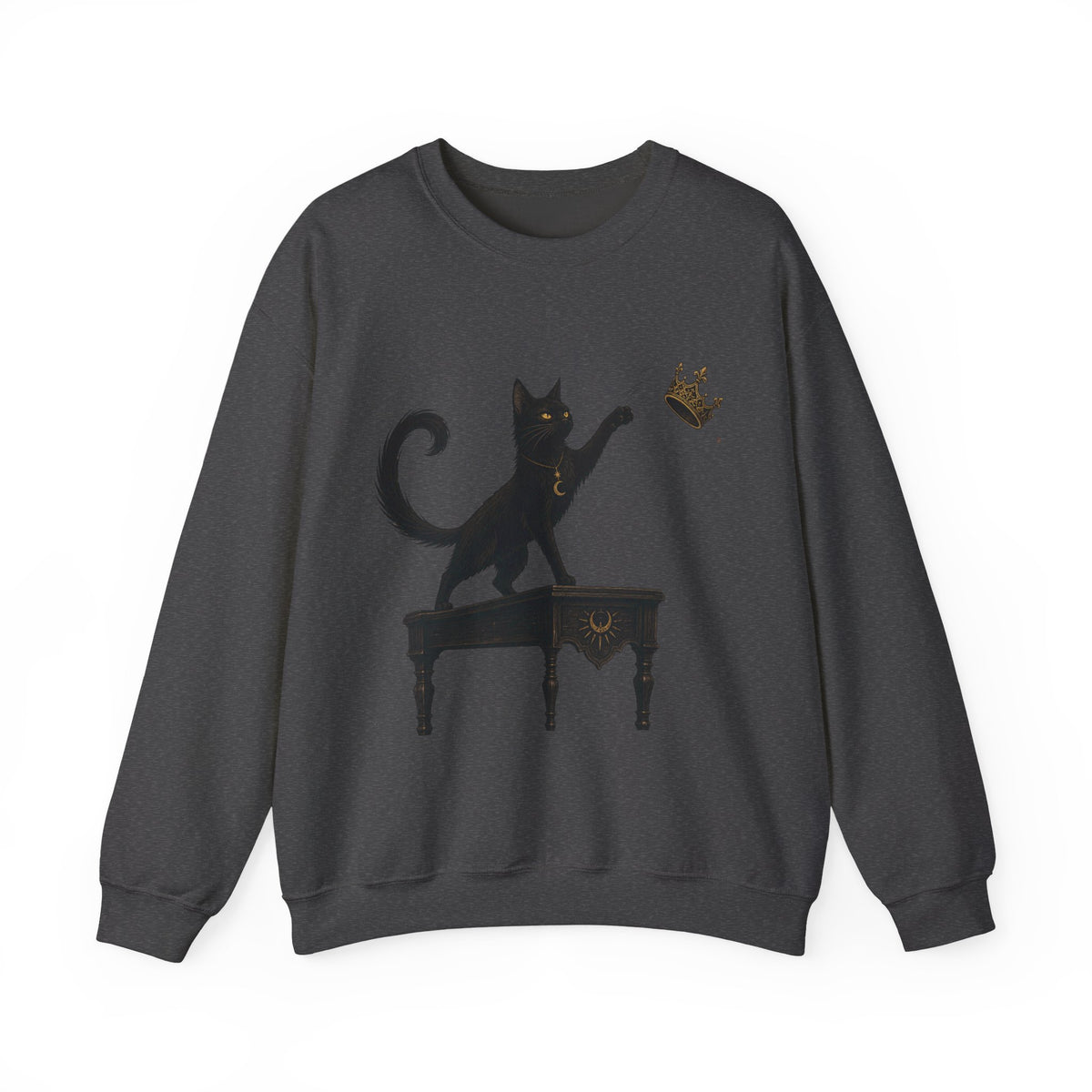 Cat with Crown Crewneck Sweatshirt — Playful Black Cat Graphic